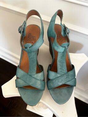 Teal Leather T-strap Blue Floral Cork Platform Wedge Sandals - Women